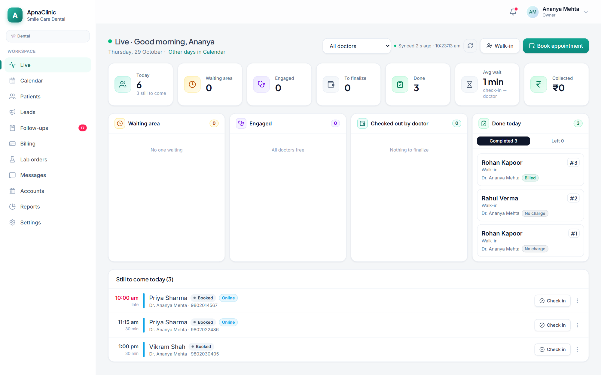DentoCRM Live screen: tiles for waiting, engaged, to finalize, done, average wait and collected; the four-column live board and today’s still-to-come list